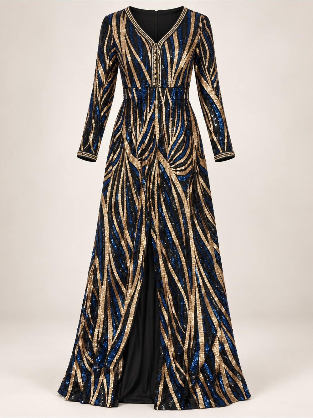 Sequin V-Neck art deco Evening Gown in Black, Gold & Blue